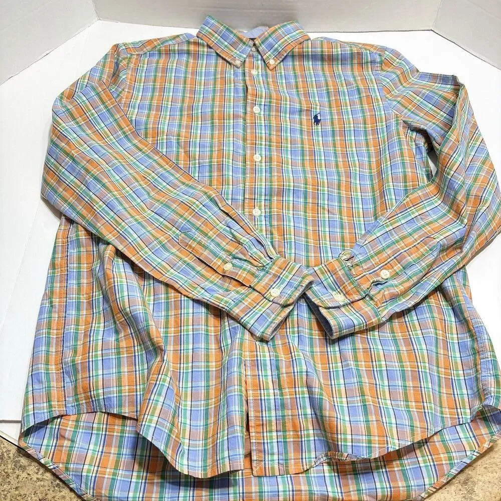 Polo Ralph Lauren Boys Size XL Orange/Blue  Plaid Button Front Oxford Shirt